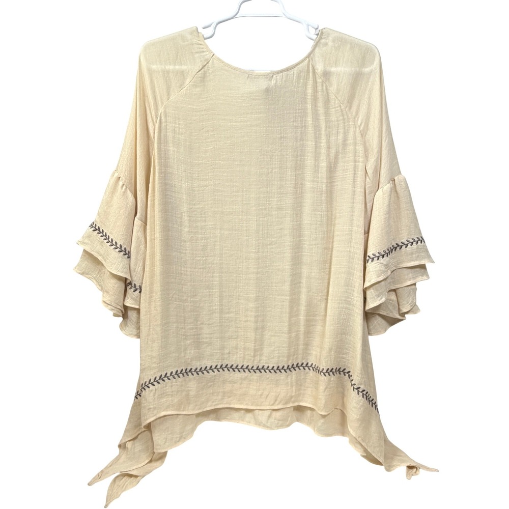 Oh Gussie‎ Tunic Blouse Embroidered Bell Sleeve Sharkbite Hem Top Cream 2XL - Picture 6 of 11